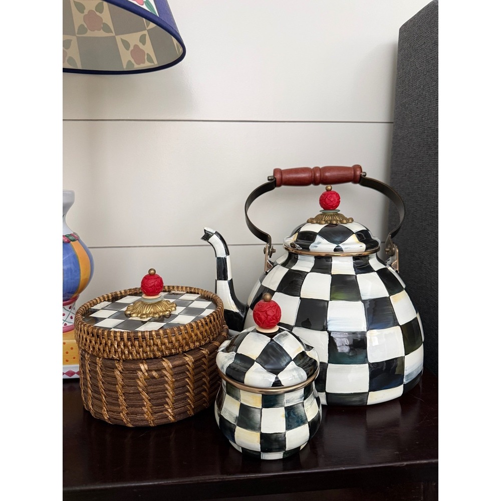Mackenzie Childs Courtly Check Tea kettle Candle Rattan Canister